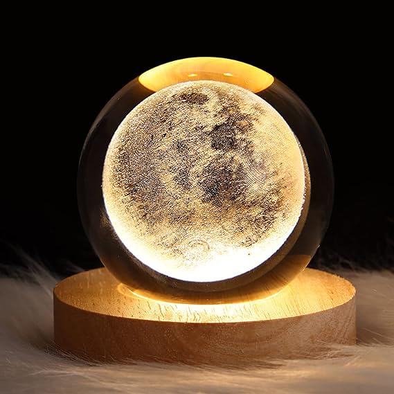 3D Galaxy Solar System Crystal Ball Night Light with Wooden Base